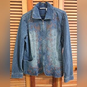 Tantrums Embroidered Denim Jacket | Zip Front | Size L | Statement Piece